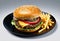 classic delicious cheeseburger with cheese, in a black plate on a white background, fast food and delicious cuisine,