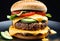 classic delicious cheeseburger with cheese, in a black plate on a white background, fast food and delicious cuisine,