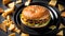 classic delicious cheeseburger with cheese, in a black plate on a white background, fast food and delicious cuisine,