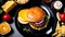 classic delicious cheeseburger with cheese, in a black plate on a white background, fast food and delicious cuisine,