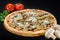 Classic delicious Italian pizza with mozzarella, mushrooms, eggplants, pickled cucumbers and sauce on wooden board on dark