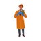 The classic detective with a magnifying glass examines a clue bottle. Vector colorful illustration in cartoon style.