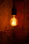 Classic different retro light bulbs hanging on brick wall background at night