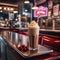 A classic diner counter with a milkshake in a tall glass and a cherry on top1