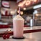 A classic diner counter with a milkshake in a tall glass and a cherry on top3