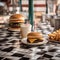 A classic diner scene with a milkshake, burger, and fries on a checkered tablecloth2