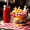 Classic Diner-Style Burger and Fries with Vintage Soda Bottle on Retro Tablecloth