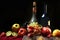 Classic Dutch still life with two bottles of wine and wet fruits on a dark background, horizontal