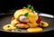 Classic egg Benedict on black plate