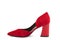 Classic and elegant suede high-heeled women shoes. Stylish red shoes on high block heels and with a pointed toe