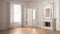 Classic empty room with big window, fireplace and herringbone wooden parquet floor, vintage white interior design