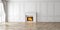 Classic empty white interior with fireplace, curtain, window, wall panels,