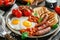 A classic English breakfast with fried eggs, sausages, baked beans, and grilled tomatoes