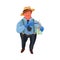 A classic fat detective in a brown hat collects evidence into a bag. Vector colorful illustration in cartoon style.