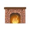 Classic fireplace made of colored bricks, with burning flame inside.