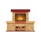 Classic fireplace made of colored bricks, with burning flame inside.