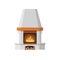Classic fireplace made of natural stone, gypsum, with burning flame.