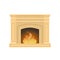 Classic fireplace made of natural stone, gypsum, with burning flame.