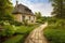 classic french country house in the countryside, with garden and stone walkway