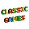 Classic games text in style of old 8-bit video games. Vibrant colorful 3D Pixel Letters. Creative digital vector poster
