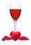 Classic Glass of Red Wine, heart and rose petals isolated on a w
