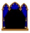 Classic gothic architectural decorative frame with a blue curtain on black