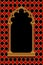 Classic gothic decorative frame on red and black rhomboids background with gold wire grid