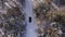 Classic gray car driving through the white winter snowy forest on country road. Top view. Winter or alpine road in the