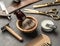 Classic grooming and hairdressing tools on wooden background