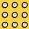 A Classic hand clocks pattern on yellow background. Time passing concept with clock pointing at 11 in the morning.