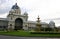Classic, historic and ornate exterior of Royal Exhibition Building and garden with plants in Melbourne, Victoria, Australia