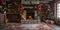 Classic holiday scene with fireplace ornaments and cozy nook in chalet. Concept Holiday Decor, Cozy Fireplace, Rustic Chalet,