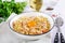 Classic homemade carbonara pasta with pancetta, egg, hard parmesan cheese
