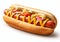 Classic hot dog with mustard and ketchup on white.Macro.AI generative