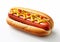 Classic hot dog with mustard and ketchup on white.Macro.AI generative