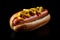 Classic hot hotdog with ketchup mustard and relish on black background. AI generated.