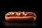 Classic hot hotdog with ketchup mustard and relish on black background. AI generated.