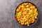 Classic Indian breakfast, egg Bhurji is a spicy mouth watering spin on scrambled eggs closeup in the plate. Horizontal top view