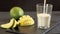 A classic Indian lassi drink. It\'s a milkshake with mango. The drink is poured into a glass. The process of making a