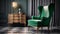 classic interior in dark green colors. vintage velvet sofa near emerald wall. generative ai