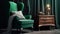 classic interior in dark green colors. vintage velvet sofa near emerald wall. generative ai