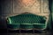 classic interior in dark green tones. vintage velvet sofa against the emerald wall