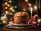 classic Italian panettone placed on a plate next to a table decorated for the Christmas holidays