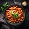 Classic italian pasta penne alla arrabiata with basil and freshly parmesan cheese on dark table. Penne pasta with sauce. Top view