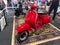 classic Italian red Vespa P scooter by Piaggio. Expo Wheels 2021 motorbikes show.