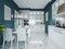 Classic kitchen interior. Luxurious white furniture, blue walls