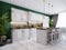 A classic kitchen with white furniture and green walls and a white floor with a ceiling, a kitchen island and a bar counter with