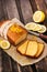 Classic lemon pound cake on rustic wooden background