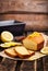 Classic lemon pound cake on rustic wooden background