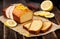 Classic lemon pound cake on rustic wooden background